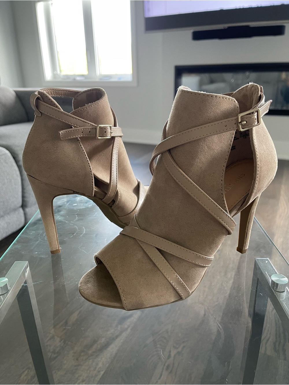 Christian Siriano Women's Kaged Peep-Toe Bootie Taupe Strappy Heels Sz 6.5